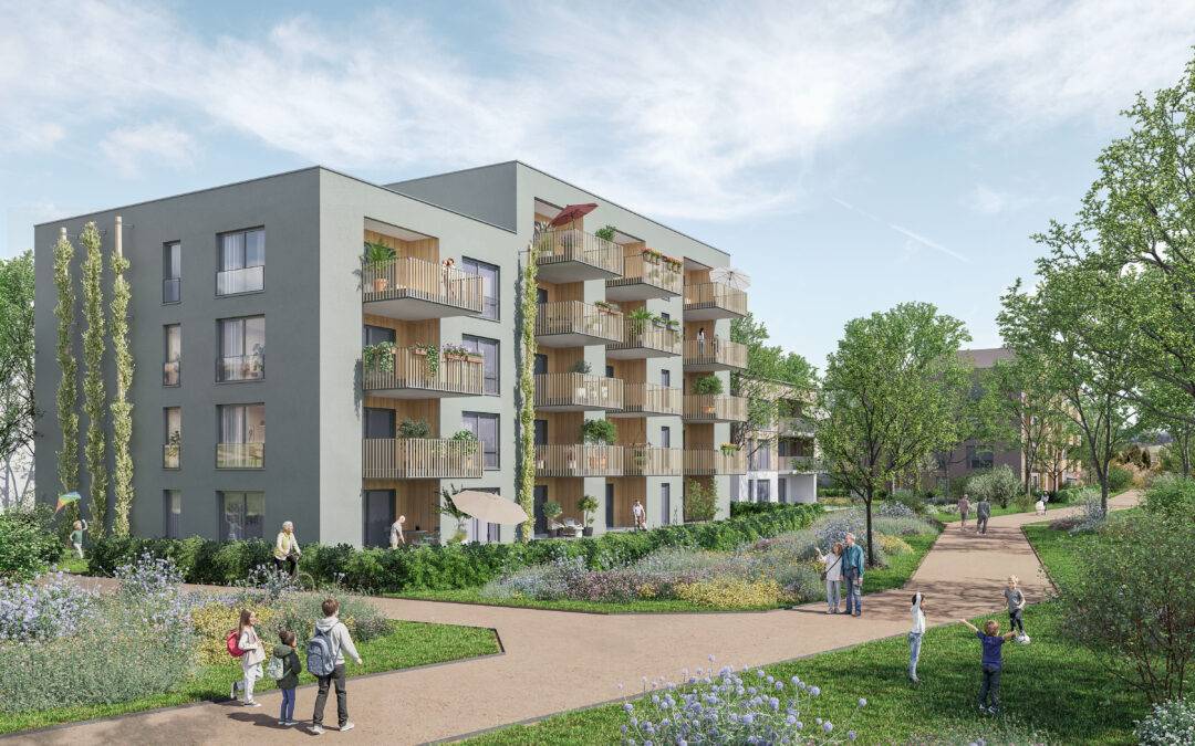 Modern mid-rise apartment building with multiple balconies and a landscaped courtyard with people walking and gardens nearby.