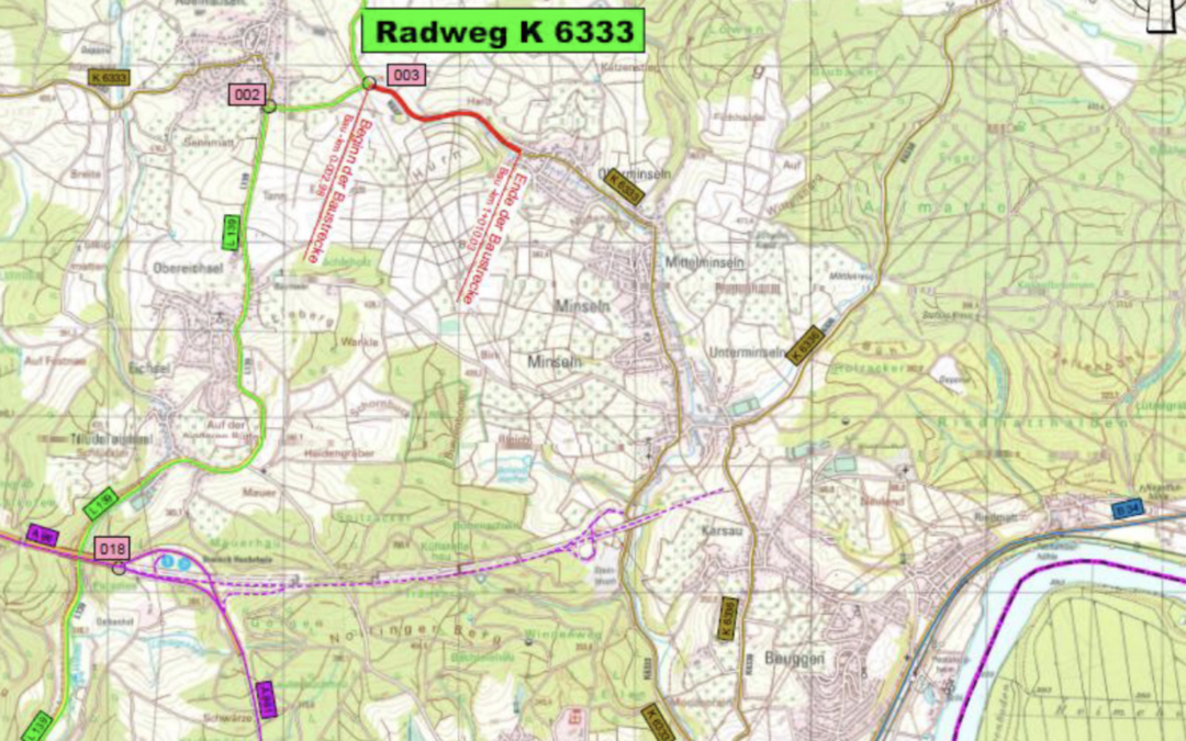 Topographic map showing a highlighted green cycling route labeled Radweg K 6333 passing through towns and countryside.