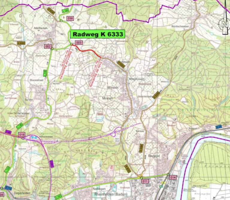 Topographic map showing a highlighted green cycling route labeled Radweg K 6333 passing through towns and countryside.