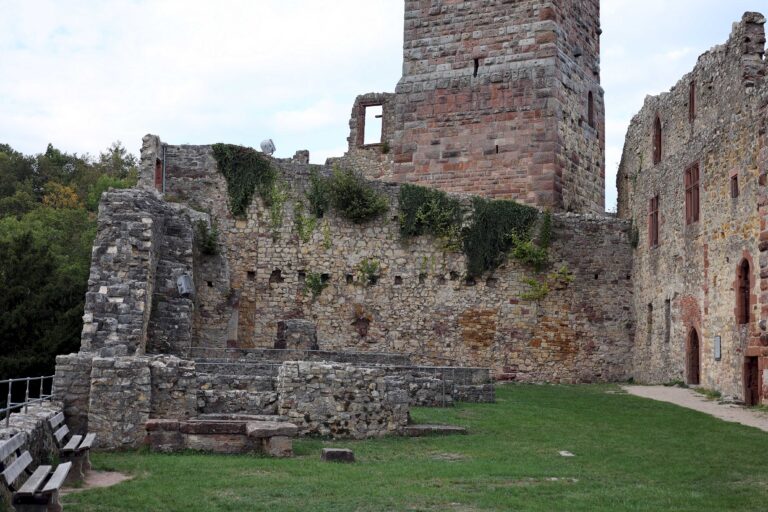 Ruined stone castle walls with ivy, a tall brick tower, and a grassy foreground to the left and path to the right.