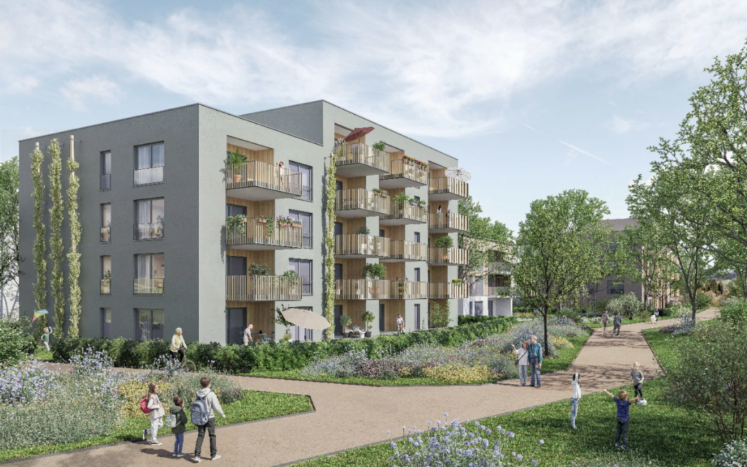 Modern 4-story apartment building with wooden balconies and greenery, set in a landscaped park with people walking and playing.