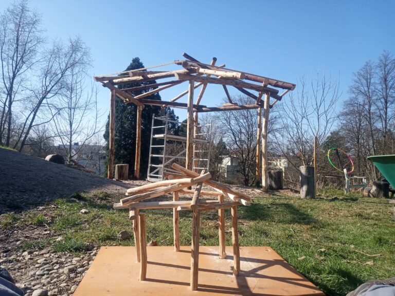 Timber-frame structure under construction in a sunny backyard, with ladders and scattered logs nearby.