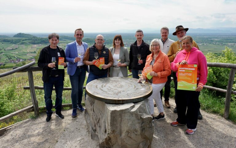 Nine people posing with wine glasses and orange brochures on a hillside viewpoint over a vineyard landscape.