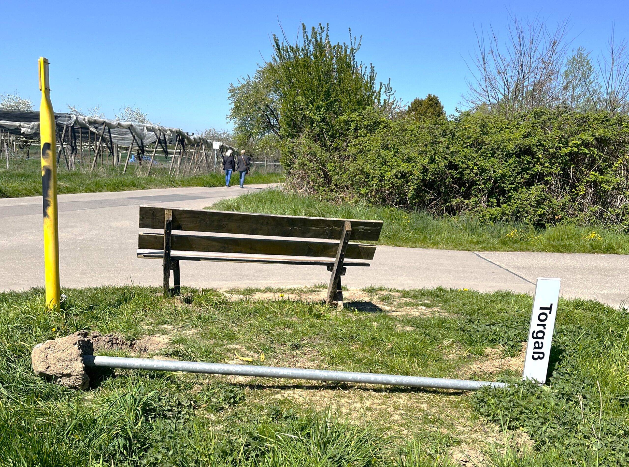 Two people walk along a paved path beside a hedge on a sunny day, with construction debris and a yellow post in the foreground.