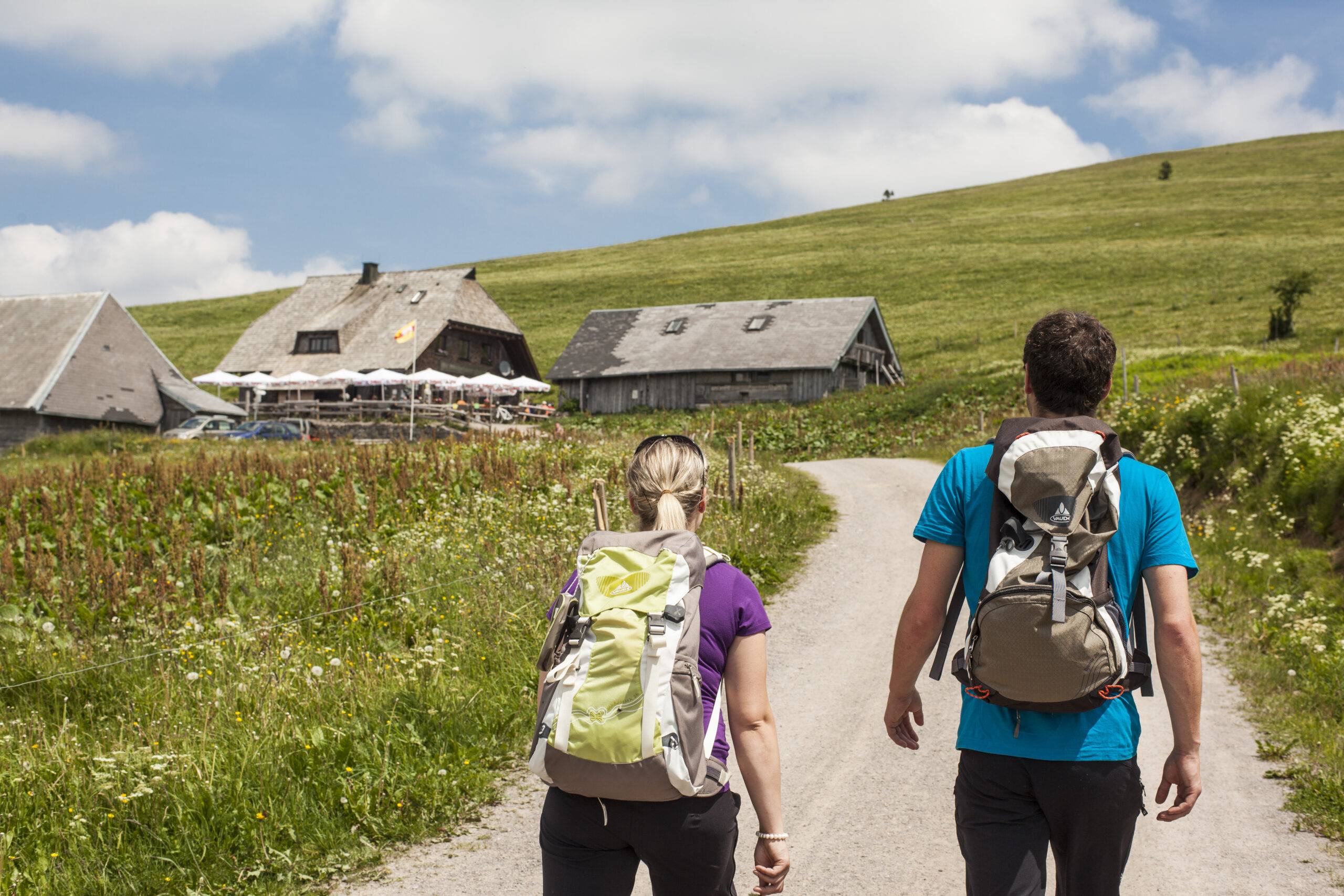 Two hikers with backpacks walk along a dirt path toward rustic farm buildings in a meadow under a blue sky.