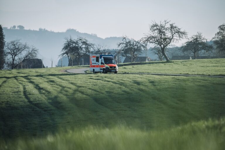 Orange and white ambulance parked on a curved road through a grassy rural landscape with leafless trees in the background.