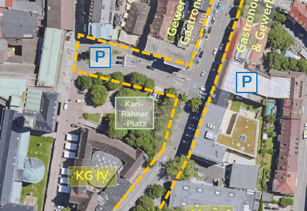 Aerial view of a town center with an orange dashed outline marking the planning area along Rempartstraße, showing labeled spots: Karl-Rahner-Platz, KG IV, Mensa, Alleegarten, and two blue parking icons. The map includes labeled streets and a pedestrian-friendly route through a clustered neighborhood.