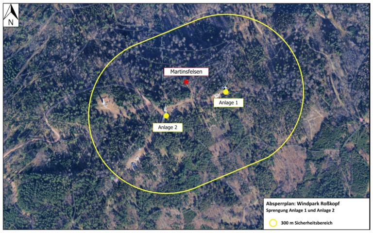 Aerial map of Windpark Roßkopf showing two turbine sites (Anlage 1 and Anlage 2) and a yellow 300 m safety circle around them, with Martinsfelsen labeled in the center.