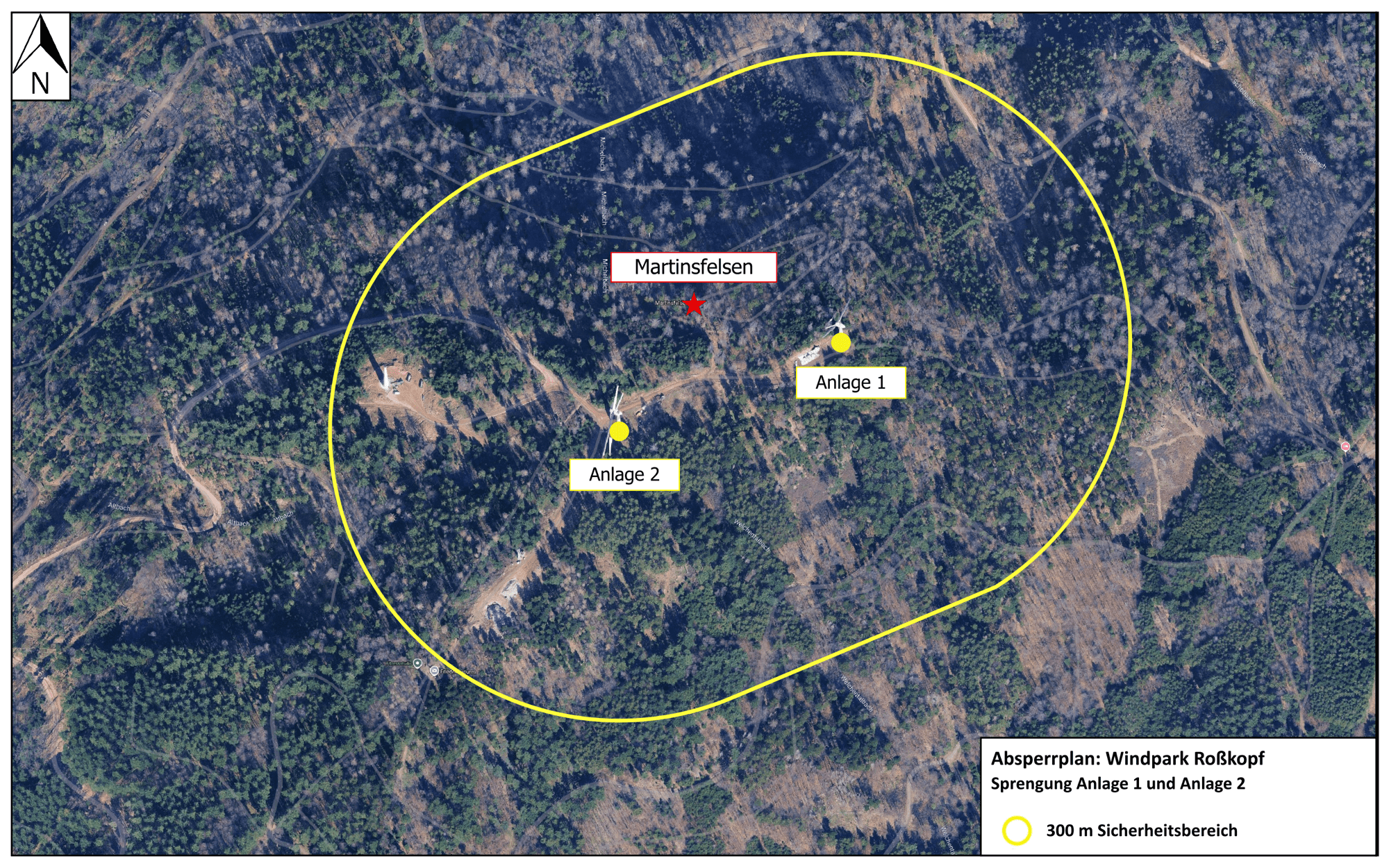Aerial map of Windpark Roßkopf showing two turbine sites (Anlage 1 and Anlage 2) and a yellow 300 m safety circle around them, with Martinsfelsen labeled in the center.