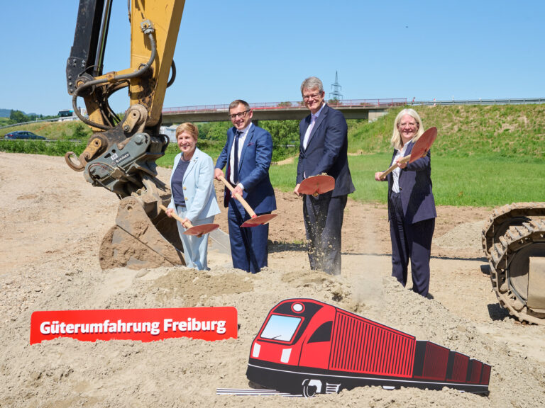 Four professionals in business attire with shovels stand at a construction site beside a large excavator under a blue sky, smiling for a photo.