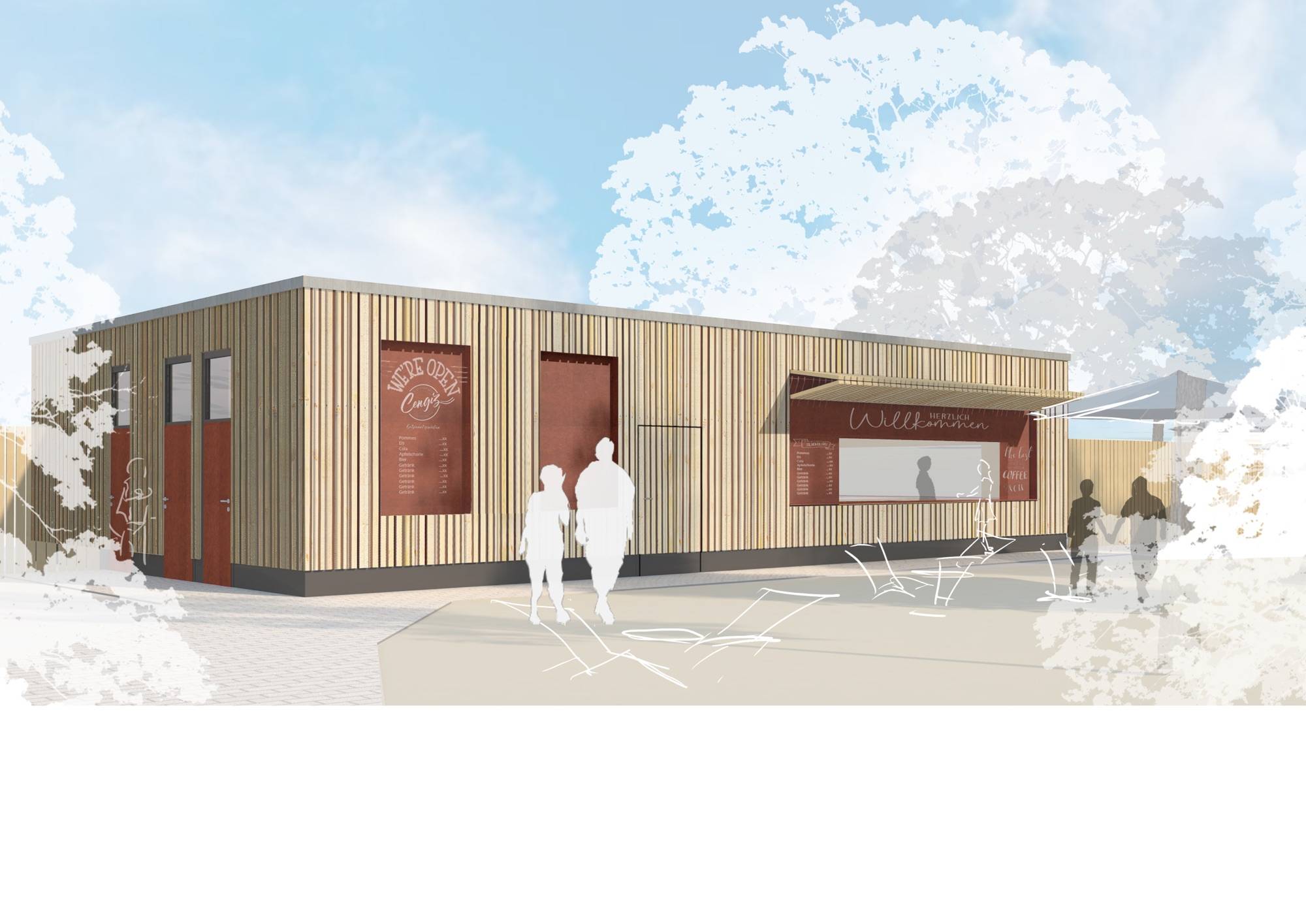 Modern wooden storefront with red signage and people silhouettes outside under a blue sky.