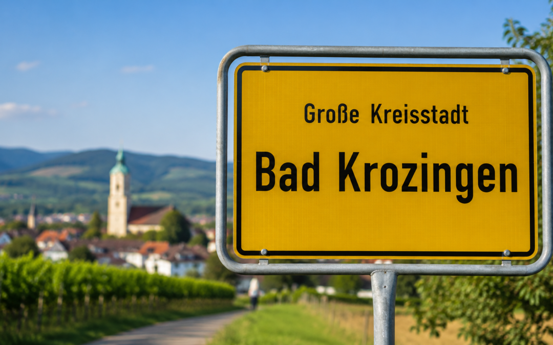 Yellow town sign with black border reading 'Große Kreisstadt Bad Krozingen' in foreground; blurred village and hills in background.