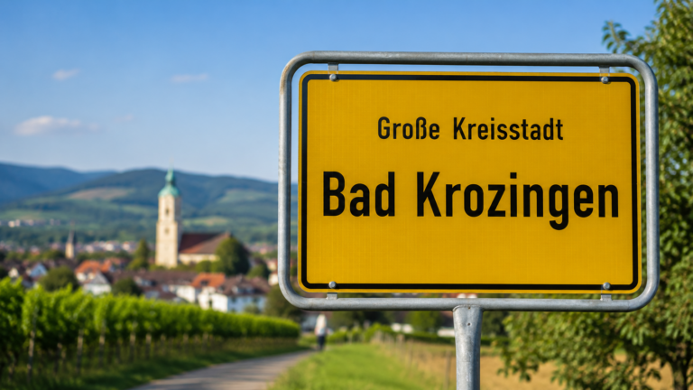 Yellow town sign with black border reading 'Große Kreisstadt Bad Krozingen' in foreground; blurred village and hills in background.