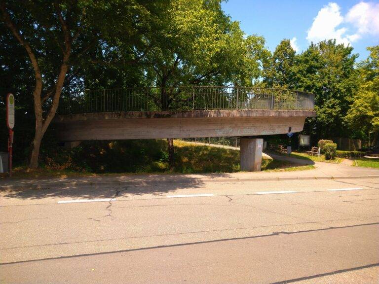 Elevated concrete pedestrian bridge with metal railing, spanning over a street lined with trees and shade beneath a blue sky.