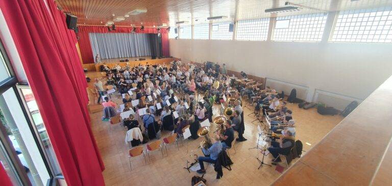 Orchestra rehearsal in a school auditorium: musicians seated with music stands, conductor at the front near a stage with red curtains.
