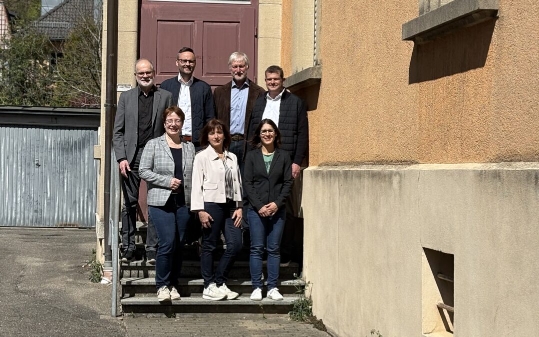 Group of six adults standing on outdoor stairs in front of a brown door, posing for a photo on a sunny day.