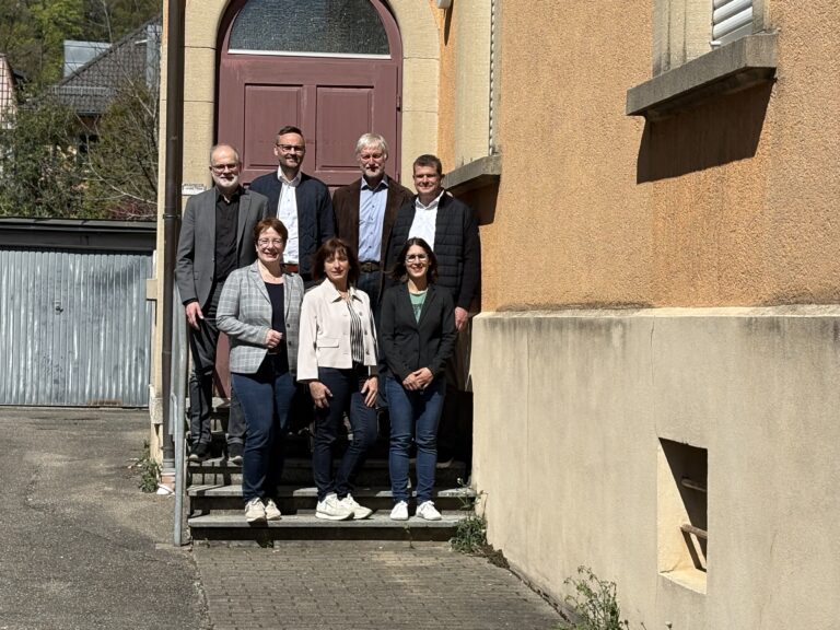 Group of six adults standing on outdoor stairs in front of a brown door, posing for a photo on a sunny day.