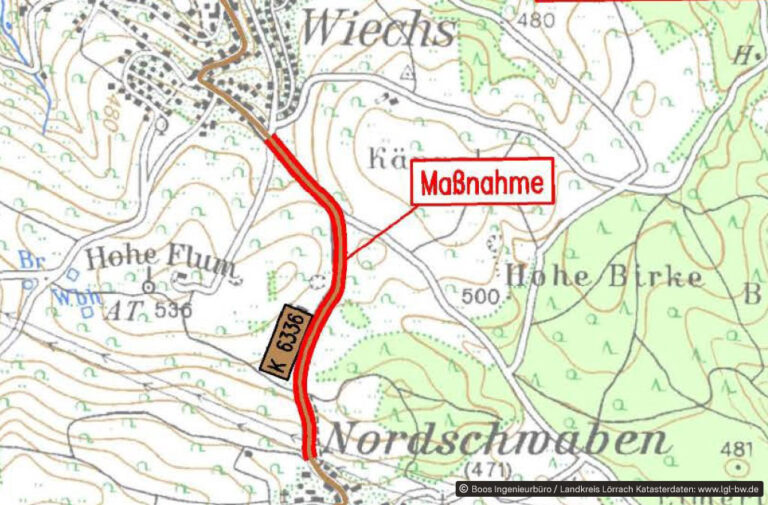 Topographic map excerpt showing a red-highlighted road segment labeled K 6336 running north-south near Nordschwaben; a red annotation points to an area marked Maßnahme (measure/works).