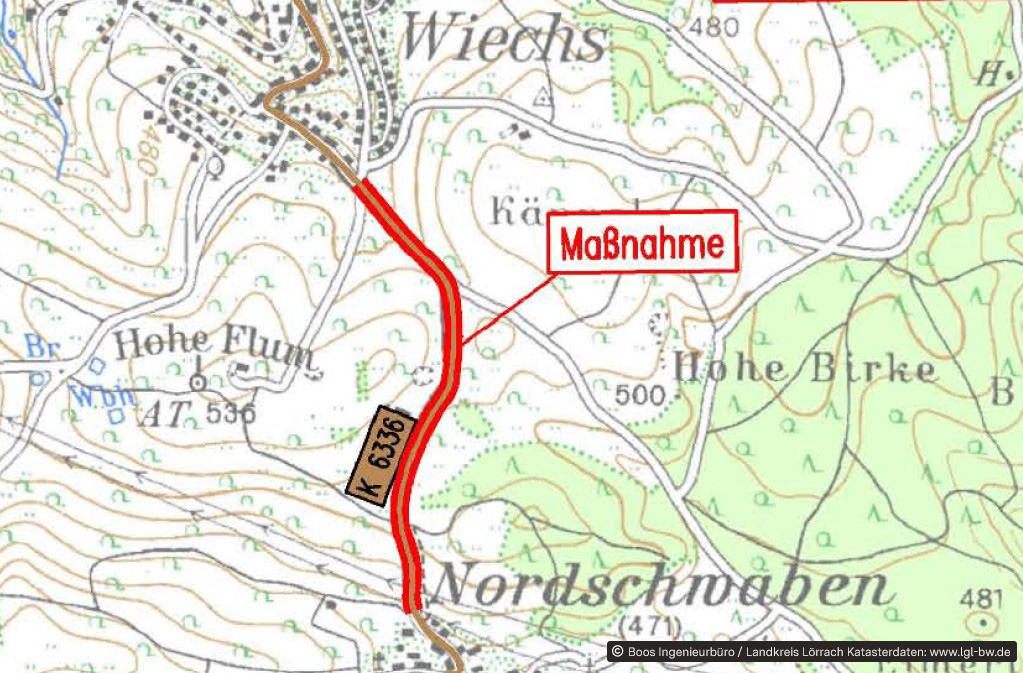 Topographic map excerpt showing a red-highlighted road segment labeled K 6336 running north-south near Nordschwaben; a red annotation points to an area marked Maßnahme (measure/works).