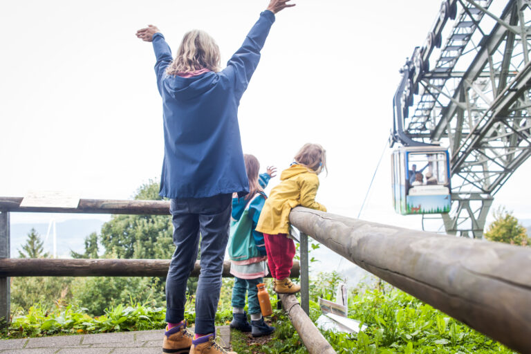 Children on a wooden railing with arms raised, watching a cable car ride in a mountainous outdoor park.