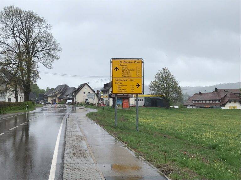 Wet street in a small town with a large yellow road sign listing nearby towns (e.g., St. Blasien, Todtmoos) under gray clouds.