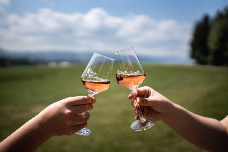 Two hands clinking rosé wine glasses outdoors, with a grassy field and blue sky in the background.