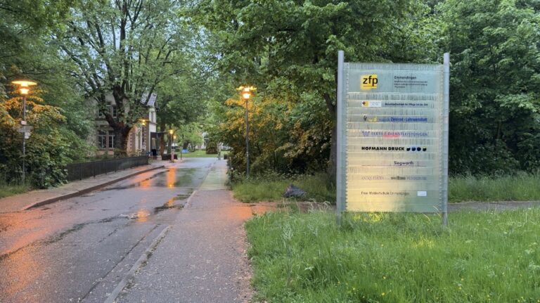 Wet tree-lined street at dusk with reflections from streetlights; a tall metal directory sign on the right amid grass and trees.