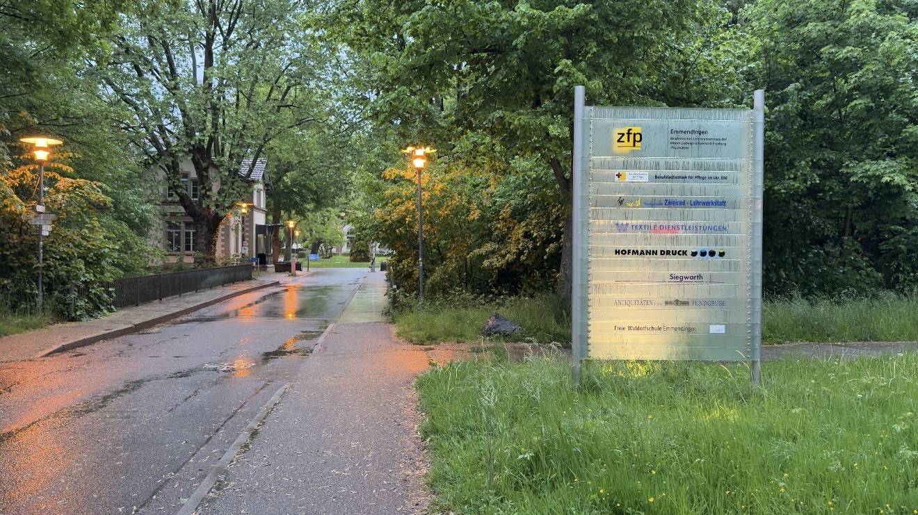 Wet tree-lined street at dusk with reflections from streetlights; a tall metal directory sign on the right amid grass and trees.