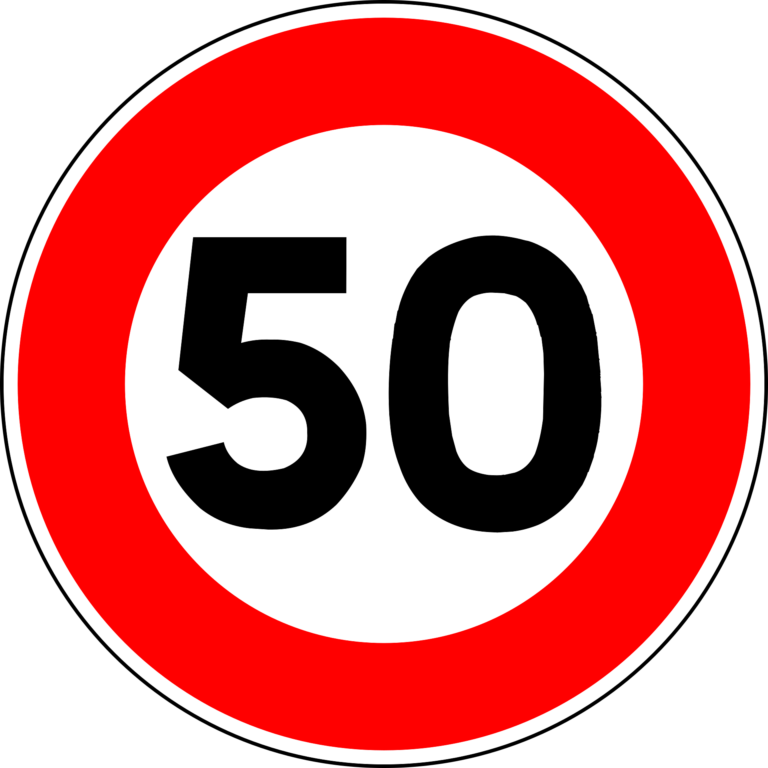 Speed limit sign: the number 50 inside a red circular border on white background
