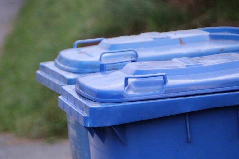 Blue plastic outdoor waste bin with lids, seen from the side outdoors on a paved area.