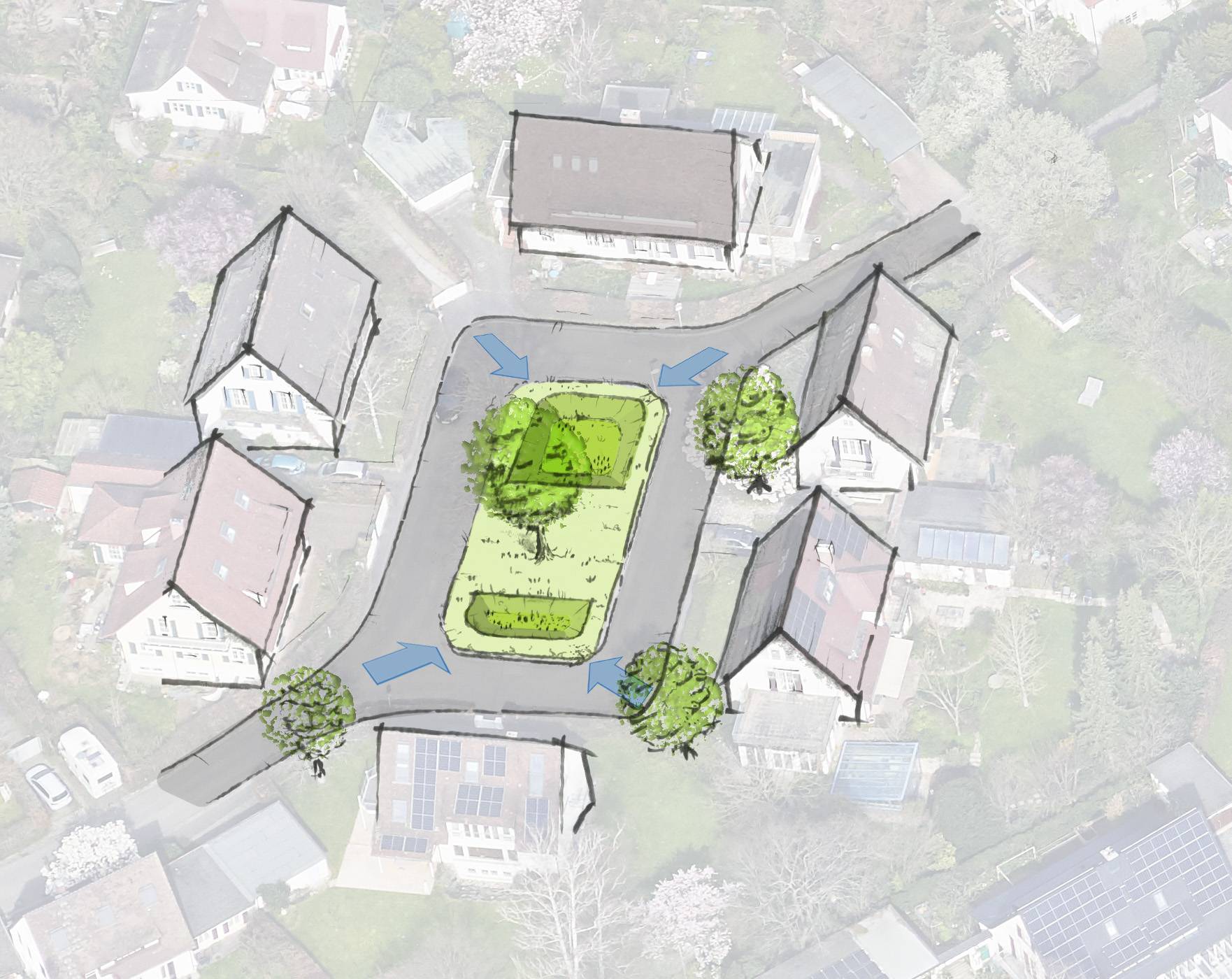 Aerial view of a residential cul-de-sac with a central green island and trees; blue arrows show traffic flow around the loop.