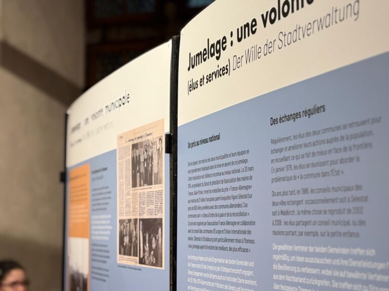 Close-up of white and blue exhibition panels with dense text about twinning (French and German) displayed in a museum setting.