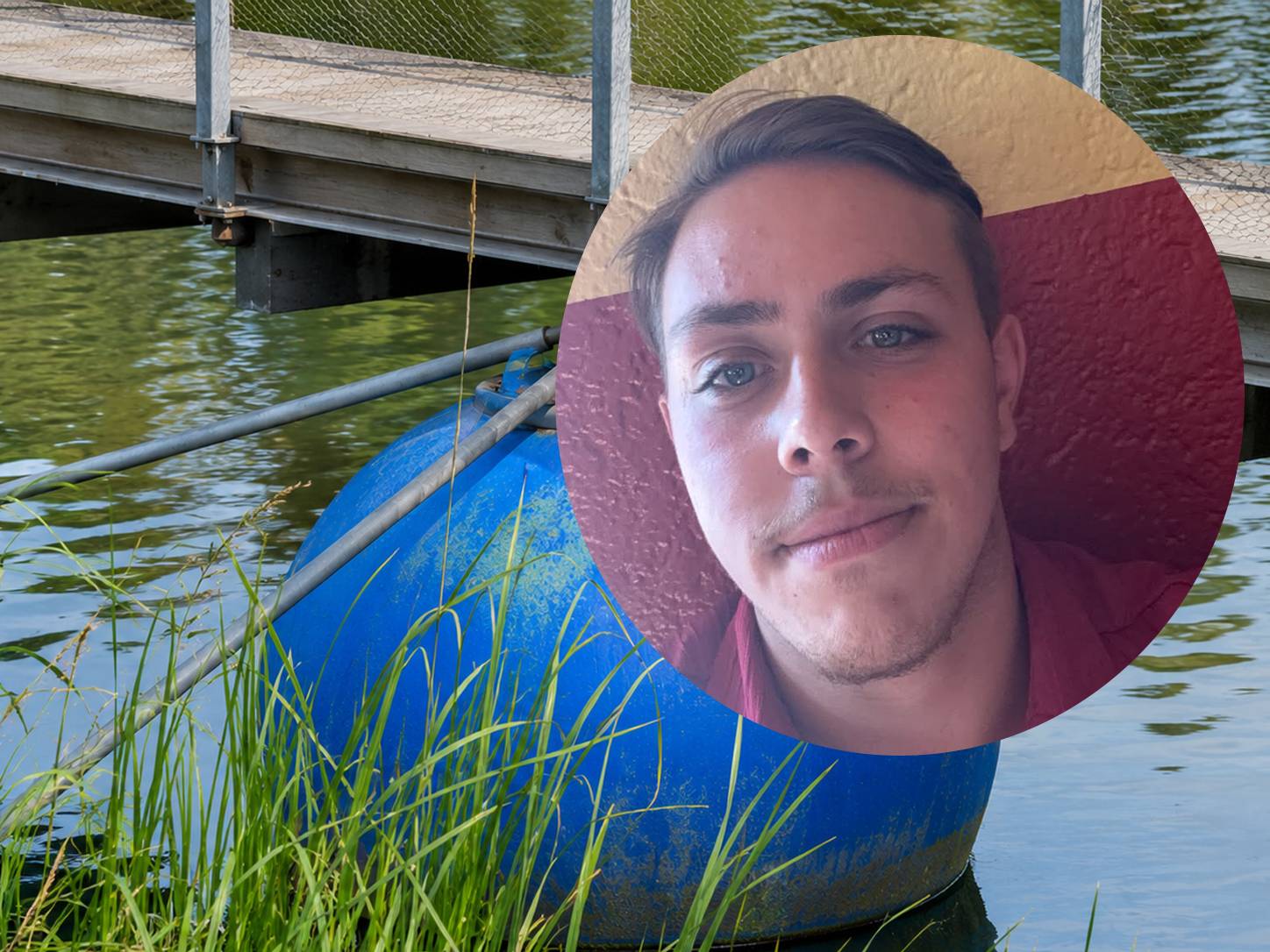 Close-up portrait of a young man overlaid on a blue buoy beside a lake and a wooden bridge.
