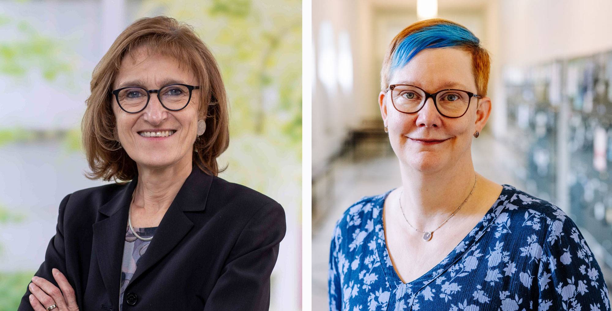 Two women standing side by side for portraits: left a brunette with glasses wearing a black blazer; right a woman with blue hair and glasses in a blue floral top.