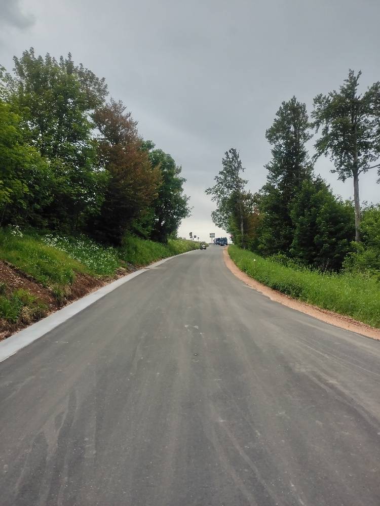 Paved rural road winding into the distance, lined with green trees and cloudy sky, with grassy shoulders on both sides.