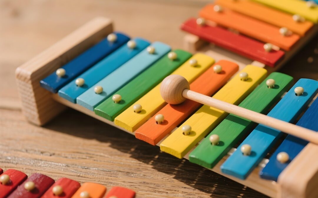 Colorful wooden xylophone with a light mallet resting on yellow bar, on a wooden surface