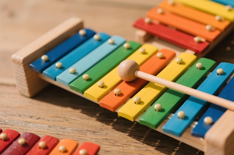 Colorful wooden xylophone with a light mallet resting on yellow bar, on a wooden surface