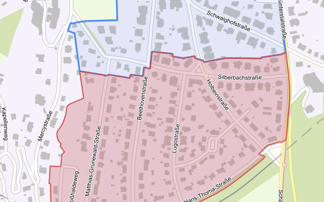 Map of a residential area showing blue boundary for the existing resident parking area and a red boundary for the expansion starting 28 July 2026; streets labeled Goethestraße, Maximilianstraße, Schwaighofstraße, Silberbachstraße, Hans-Thoma-Straße, and nearby roads; scale bar indicates 0–100 m.
