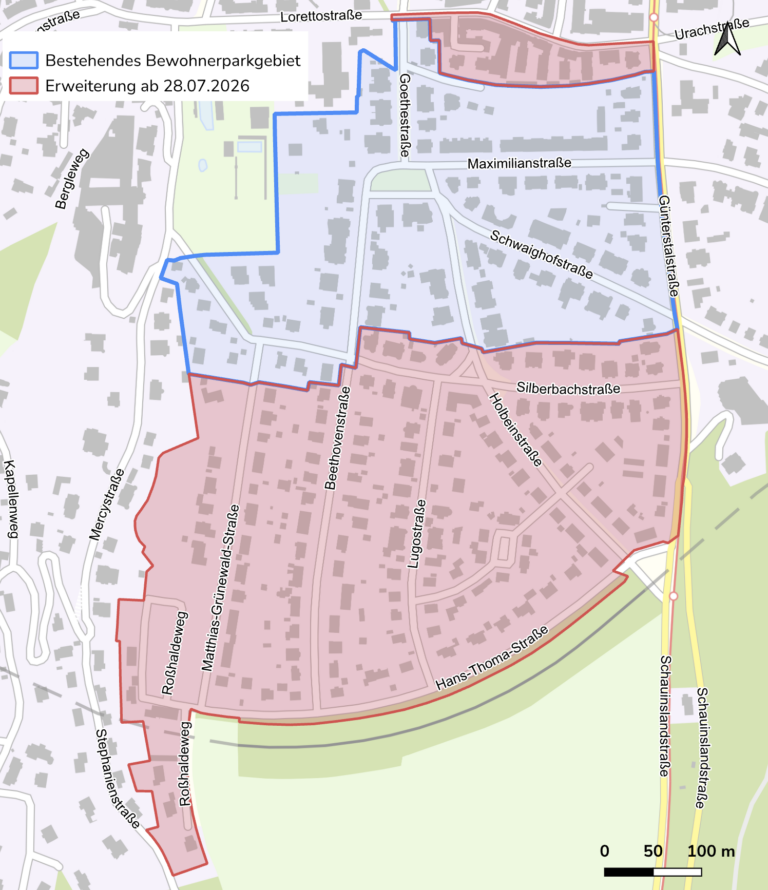 Map of a residential area showing blue boundary for the existing resident parking area and a red boundary for the expansion starting 28 July 2026; streets labeled Goethestraße, Maximilianstraße, Schwaighofstraße, Silberbachstraße, Hans-Thoma-Straße, and nearby roads; scale bar indicates 0–100 m.