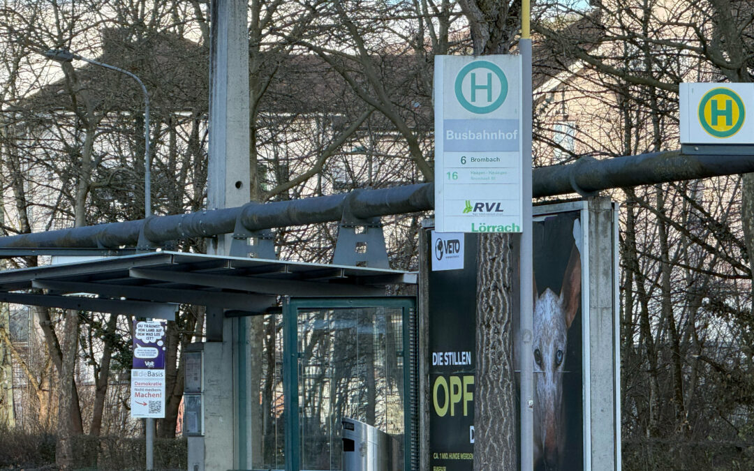 Bus stop sign with a green H inside a circle on a metal pillar, posters attached, leafless trees in background.
