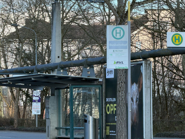 Bus stop sign with a green H inside a circle on a metal pillar, posters attached, leafless trees in background.