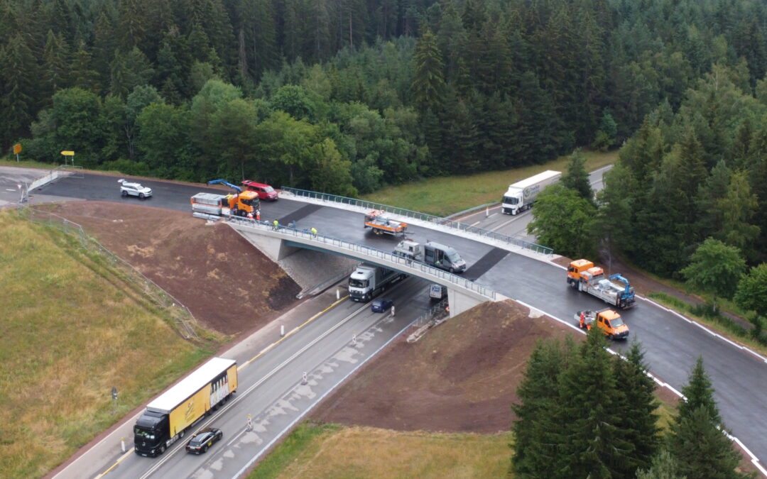 Aerial view of a road overpass under construction with trucks, workers, and construction equipment among a forested area.