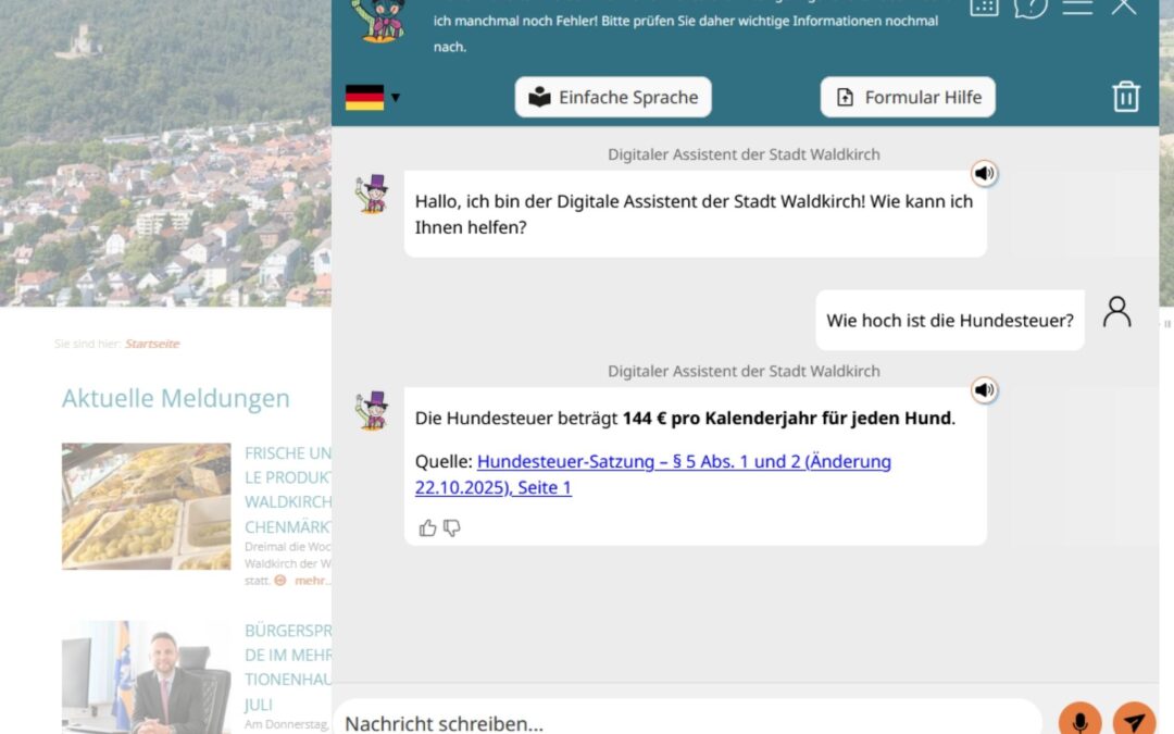 Waldkirch startet KI-Chatbot für Bürgeranfragen auf Homepage