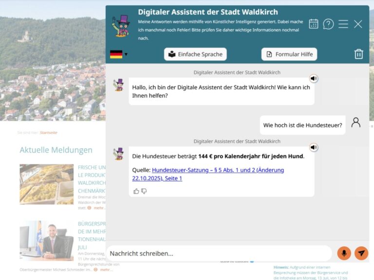 Teal digital assistant header for Stadt Waldkirch with mascot, welcome text and language/help buttons overlaying a city image, including chat icons and menu controls.