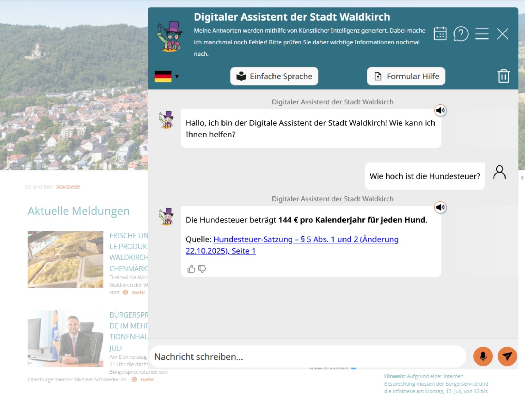 Teal digital assistant header for Stadt Waldkirch with mascot, welcome text and language/help buttons overlaying a city image, including chat icons and menu controls.