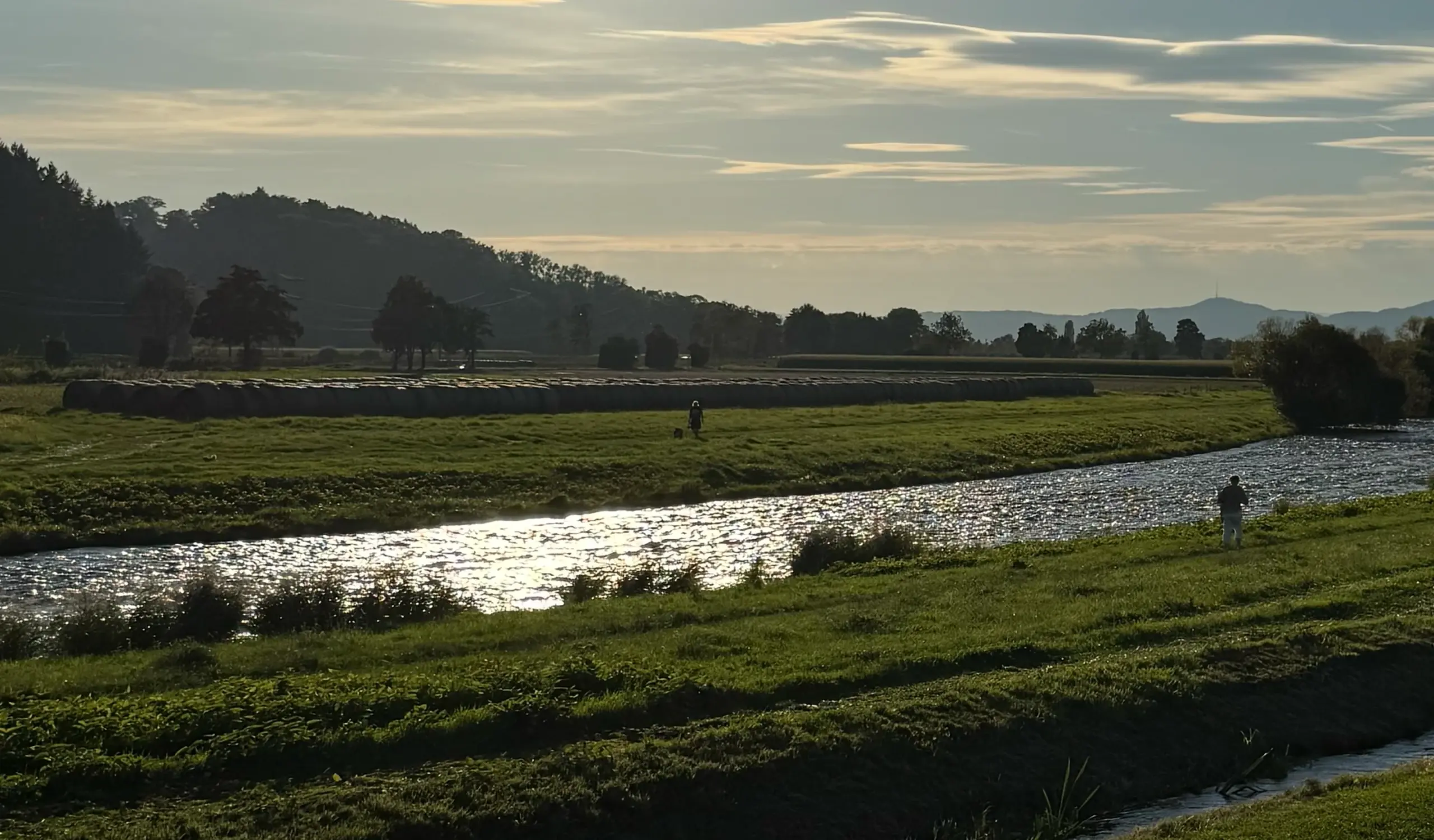 Riverbank with a person fishing near the water, fields and distant trees at sunset and rolling hills in the background.