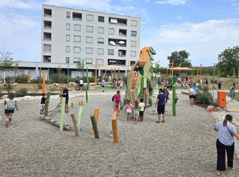A crowded urban playground with a large grey apartment building in the background and a wooden dragon-shaped climbing structure in the center, kids and adults playing and walking around.