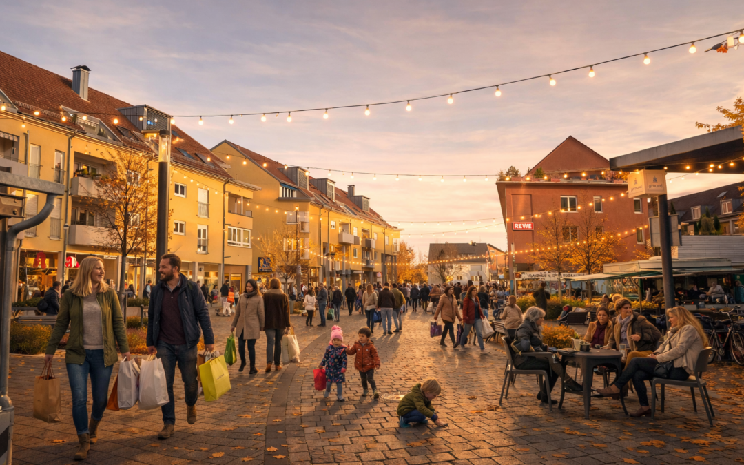 People walk and shop along a cobbled pedestrian street at dusk, string lights overhead and outdoor cafe on the right.
