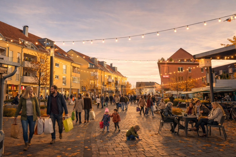 People walk and shop along a cobbled pedestrian street at dusk, string lights overhead and outdoor cafe on the right.