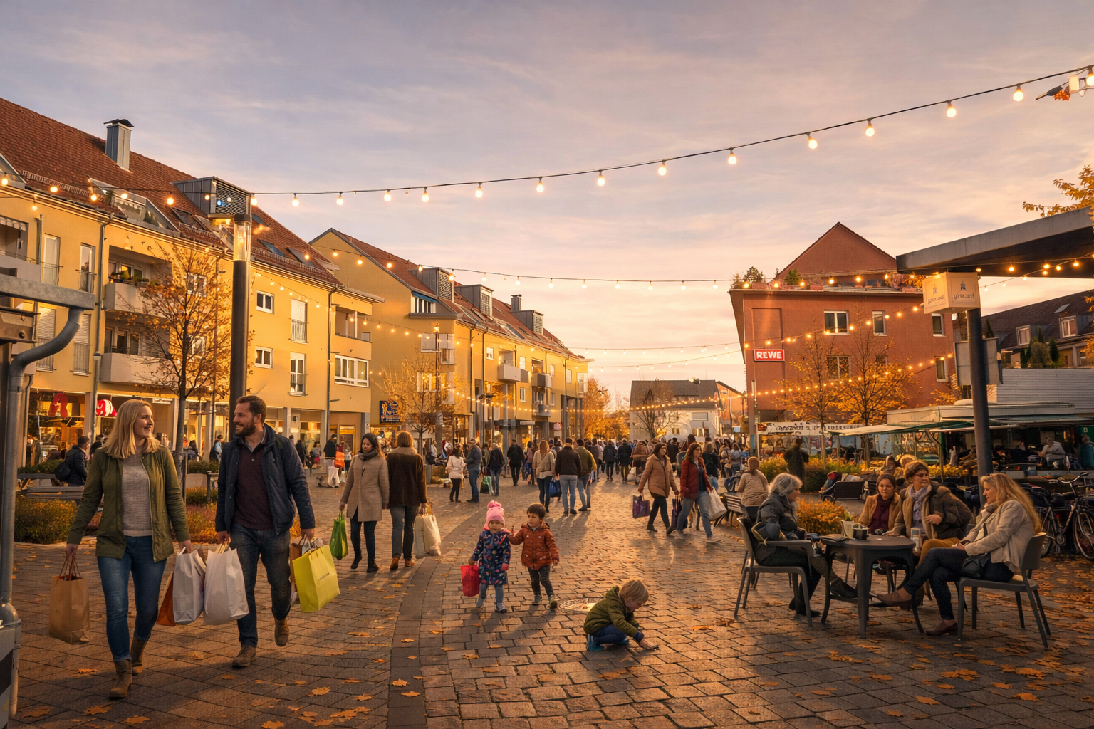 People walk and shop along a cobbled pedestrian street at dusk, string lights overhead and outdoor cafe on the right.